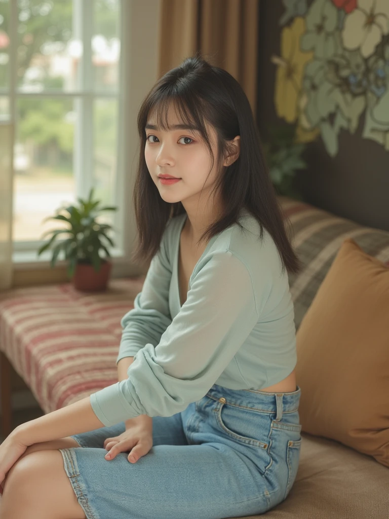 masterpiece、highest quality、cinema、(Details of both eyes)、(cute japanese woman、bangs:1.3)、23 years old、1 girl、elegant、black hair、(sit:1.2)、