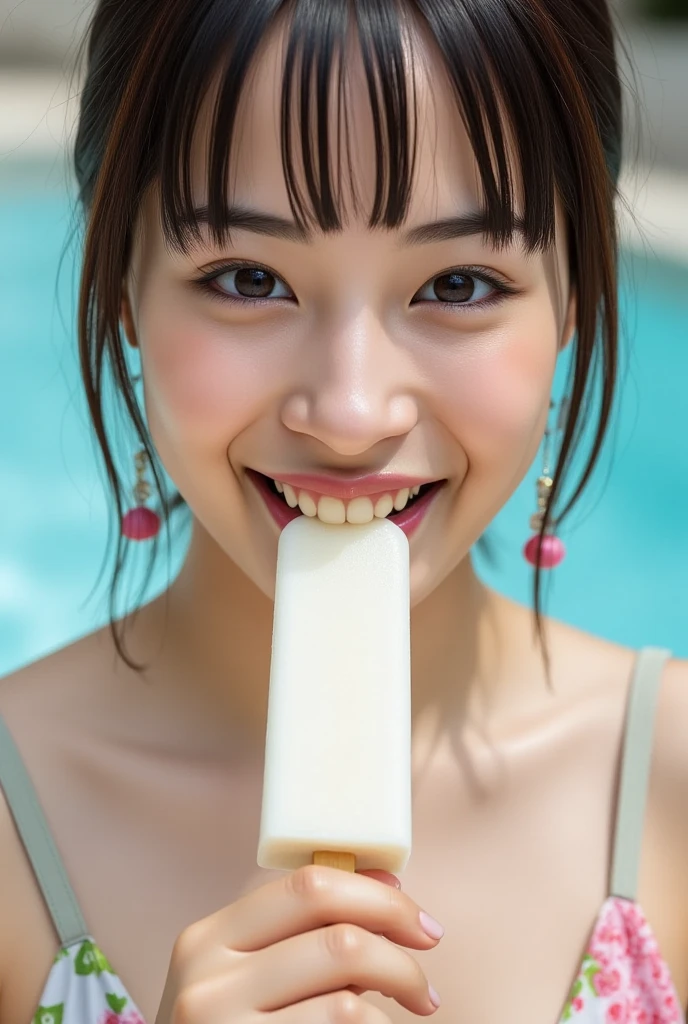 exemplary Japanese beauty、 japanese model, 16 year old female model,  In 4K、black hair、bangs、long hair、medium straight hair、Slightly longer bob hair、(Light blue bikini、swimsuit:1.3),　(Idol style super cute face:1.2)、(Lick the soft-serve ice cream:1.2), beautiful figure、smile, Poolside、Calm、sexy、
