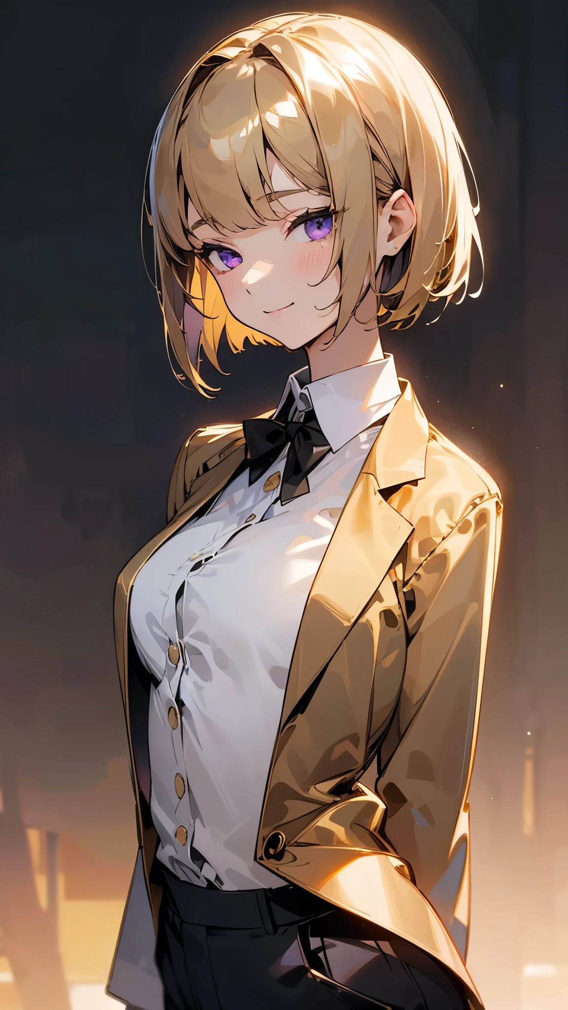 1 girl、solo、( Gold:1.5)、short hair、bob cut、dull bangs、 beautiful purple eyes 、calm face、is closing her mouth、 cheeky smile、from the side、slender body、upper body close-up、white shirt、Black work trousers、black fitted blazer、Park in the background、sunset、SOFT LIGHTING。