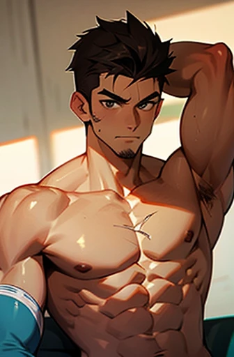 Kiritsugu Emiya is sitting and flexing his abs and biceps in a frontal flexing pose. He is wearing a black tanktop and black boxershorts. His arms have many huge veins.