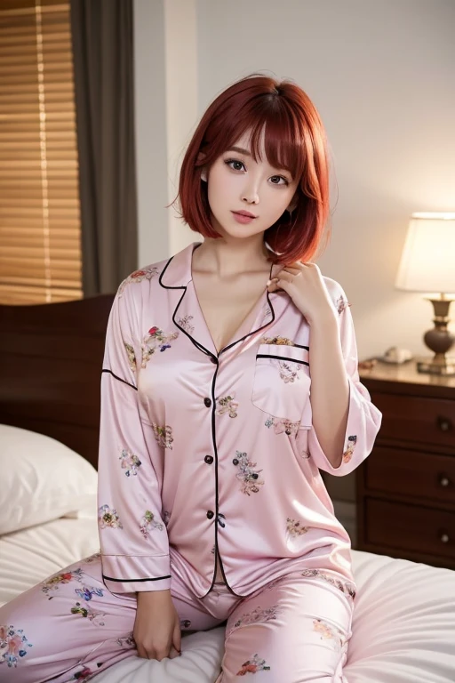 There is a woman sitting on a bed wearing pink floral pajamas, garota redheadwear, beautiful mulher redheadwear, mulher redheadwear, young garota redheadwear, short bright red hair, red hair and attractive features, Anna Nikonova aka Newmilky, garota redheadwear, redheadwear, Beautiful woman, posing on bed, Red head, with short red hair, posing in a room