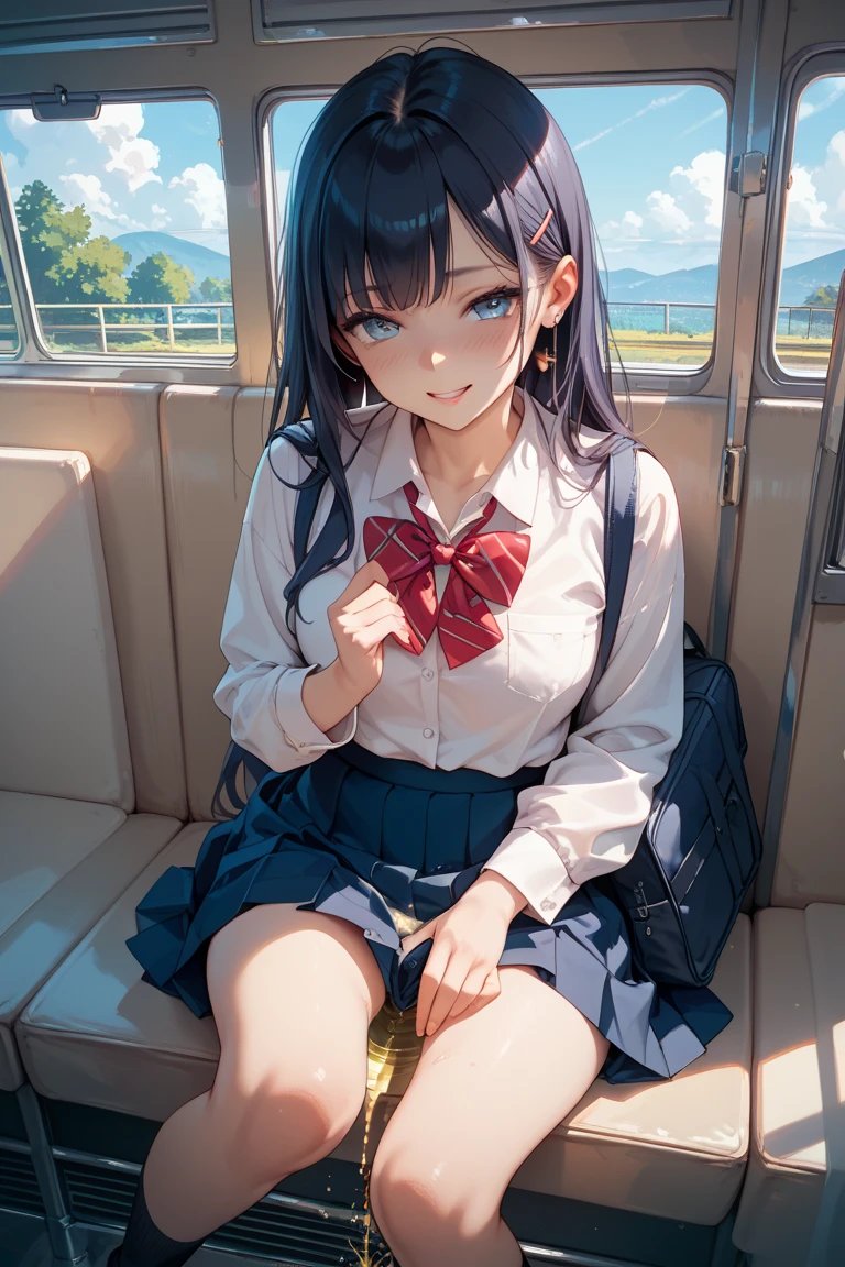 NSFW,4K,Gal:1.3,Anatomically correct,school uniform:1.3,A pure and innocent girl, Very cute face, Like an idol, (masterpiece:1.2), (high quality), panties, loose socks, Hip, Blue Skirt, alone, Blazer Type, loose socks, Lifting clothes, Brown eyes, pure gaze, mini skirt, Lift yourself up, Check skirt, blush,((Mid-chest)), (Sweating profusely), Long Hair, physical education, Beautiful legs, ((in the train))