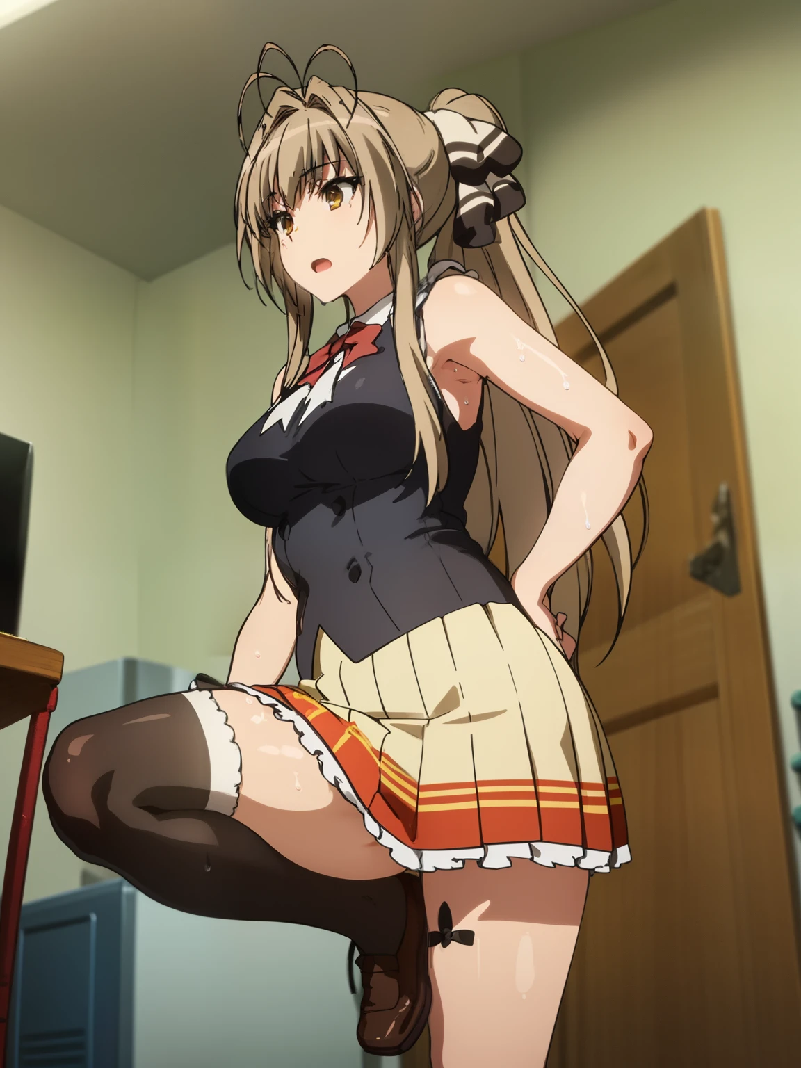 Woman 37 years old Cosplay as Yuki Asuna, KizukiAi, Brown hair, Brown eyes, huge breasts, long hair, Hair, big ass catbo, White gloves, white uniform, White boots, Red dress, Red Belts, big breasts,navel, split, mini skirt, from below, spread your arms,
(Best quality, masterpiece, Raw photo,ultra detailed:1.2), 1 girl,One,Looking at the viewer,smile, in the living room on the sofa )