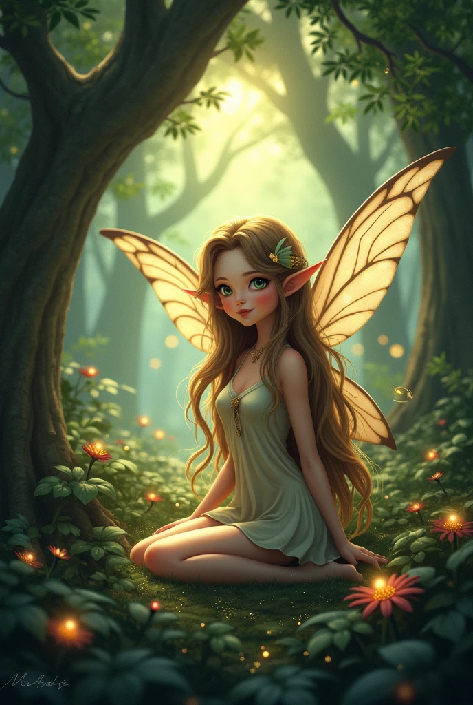 Imagine the drawing of a fairy with red hair, green dress and green eyes, with her wings and holding a blue crystal. She must look like a 5-year-old girl --auto --s2
