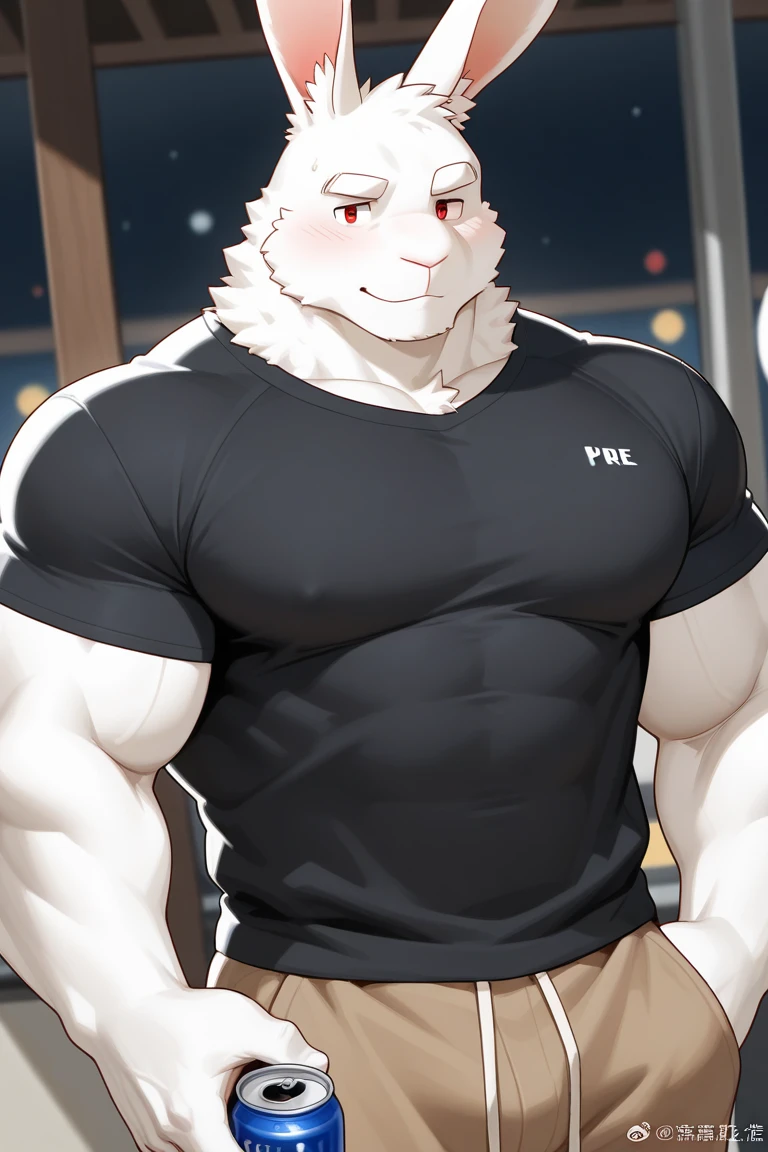 By bebebebebe, by lostgoose, by goonie-san, solo, ((snout, ears)), canine, ( Arctic Fox ), male, smirking, (bodybuilder, muscular), only Black Underwear and Black Bandana, Showing fur Body, his a Macro Furry, Behind him a City