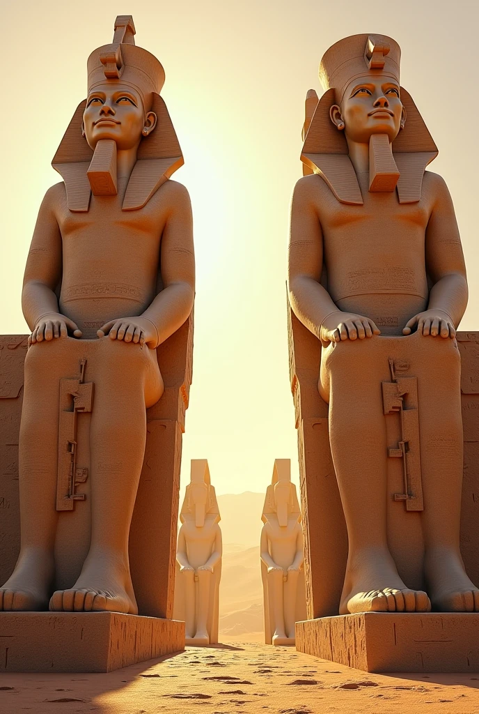 an awe-inspiring scene set in a vast desert, where towering, two ancient statues of Egyptian pharaohs are carved into a grand rock and gold façade, the statues are intricately detailed, depicting regal figures seated majestically, each wearing a tall, ornate headdress. Between the statues, a mysterious soft blue glowing portal emits a soft, ethereal light. In the foreground, very few travelers dressed in ancient Egyptian traditional desert garb stands at the base of the steps, gazing up at the monumental structure with a sense of reverence and wonder. The scene is bathed in the warm, golden light of the setting sun, casting long shadows and highlighting the textures of the stone and sand, Hyper realistic, splash art, concept art, mid shot, intricately detailed, color depth, dramatic, natural cinematic light, colorful background, highly detailed, 8k sharp focus, photorealistic, shallow depth of field, golden ratio