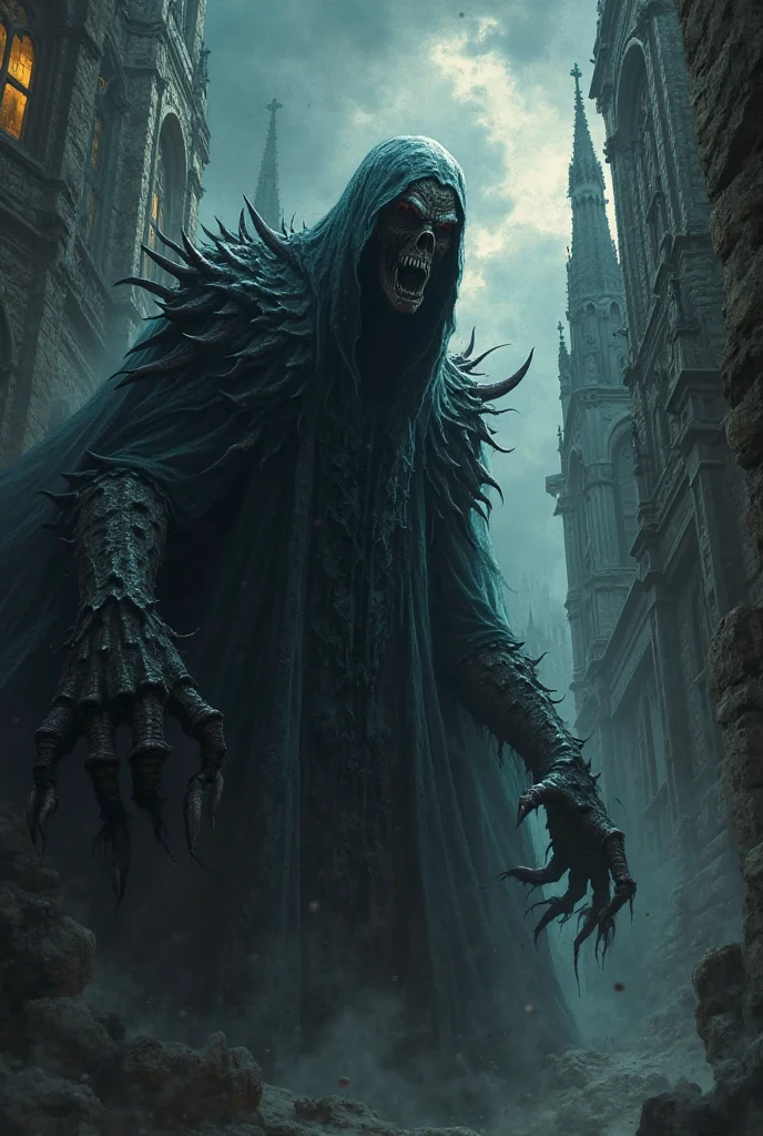 undead king, dark fantasy, detailed facial features, blue eyes, eyes, bony hands, flowing tattered cloak, decaying bones, sinister expression, dark moody lighting, dramatic pose, gothic cathedral interior, intricate detailed textures, dark color palette, cinematic composition,wendigo,