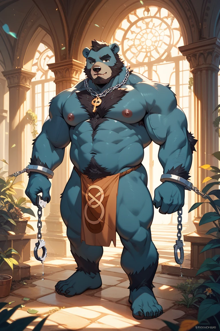 My fursona is a split species, part grizzly bear and part German Shepherd dog. He stands mostly bipeadel, but his general body shape alows him to easily take a quadrupedal sance. For his face, the muzzle leans more towards a bear's, while the ears are more like a dog's. The general head shape is a decent blend of the 2 species, with dark blue eyes. He has a large and thick silver septum nose piercing as well as a 2 silver cartilage cruncher ear hoops on his right ear. Around his neck is a thick chain linked together on his chest by a red padlock. He has broad shoulders like a bear, and thick arms combining muscles  covered with a layer of fat leading to bear paws with oposable thumbs. He has a black lether armband around eack large bicep. Each paw has a silver ring on what would be the ring finger and a dark red ring on what would be the middle finger. His chest is pretty prominent, with large stone pectorals covered in minimal fat with both nipples pierced with silver hoops. His torso is fairly muscular with a layer of fat barley covering his muscle gut. He does not wear a shirt at all. His waist is wide and his butt is fairly round and plump. He is naked, thereforehe shows his exposed large canine genitalia. At the base of his back above the back of his jockstrap is a thick, fluffy German Sheppered tail. His thighs muscular and are quit large at the top but slowly tapper to be a little bit thiner the closer they are to the knees. From the knees down, his legs take on a dog's typical hind legs shaped with the elongated foot, ending in strong, thick dog paws. His fur pattern and colors are those of a Germen Shepered, with a little more orange coming through the light brown parts of his fur.