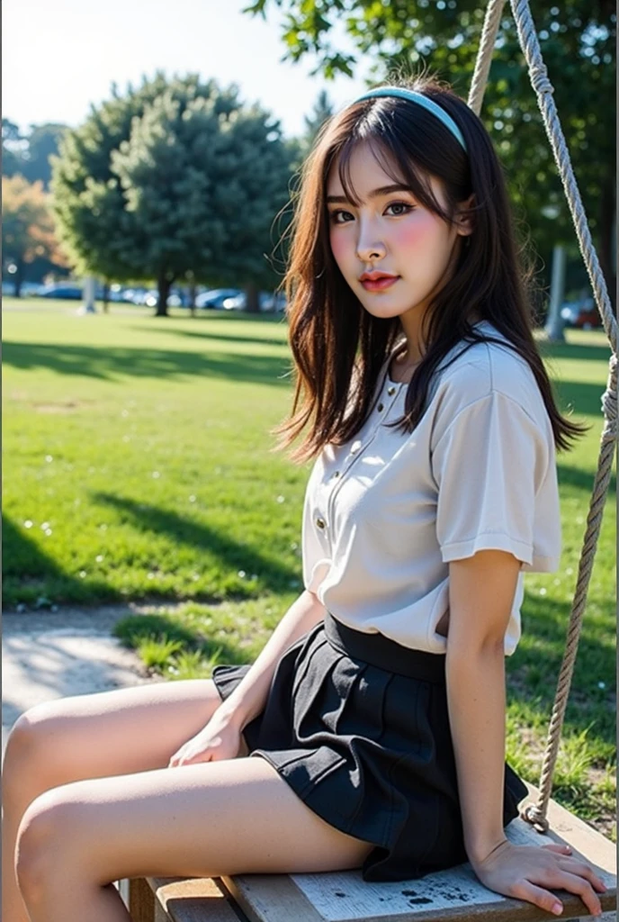 (8K high resolution), (Highest quality), (RAW quality),(Tabletop:1.2), (Realistic), (Realistic:1.37), ,Big eyes,Long eyelashes,(Live-action realistic style),The ultimate face,Realistic Light and Shadow,Distinct facial features,,Fair skin, ),Best Portrait,Close-range shooting, 1 girl, cute,Beautiful attention to detail,Highly detailed skin,(Beautiful face with double eyelids), (realism: 1.4),((Full body image)) ,Fine and beautiful face,,Women around 20 years old,(Beautiful Face 1.4),Middle Way Hair,((Japanese schoolgirls in uniform)),(Make eye contact with your audience),Red lipstick,Dragging around the eyes,(Laugh a little),In a park rich in nature,Sit upright on one knee.,Her skirt is rolled up.、Panties in full view..,Pastel colored panties,I love showing my underwear to the audience,Show the audience your panties,(Japan Uniform),A beautiful face reflected in the light,Red lipstick,Dragging around the eyes,Her beautiful legs are her charming point.,A very bright world