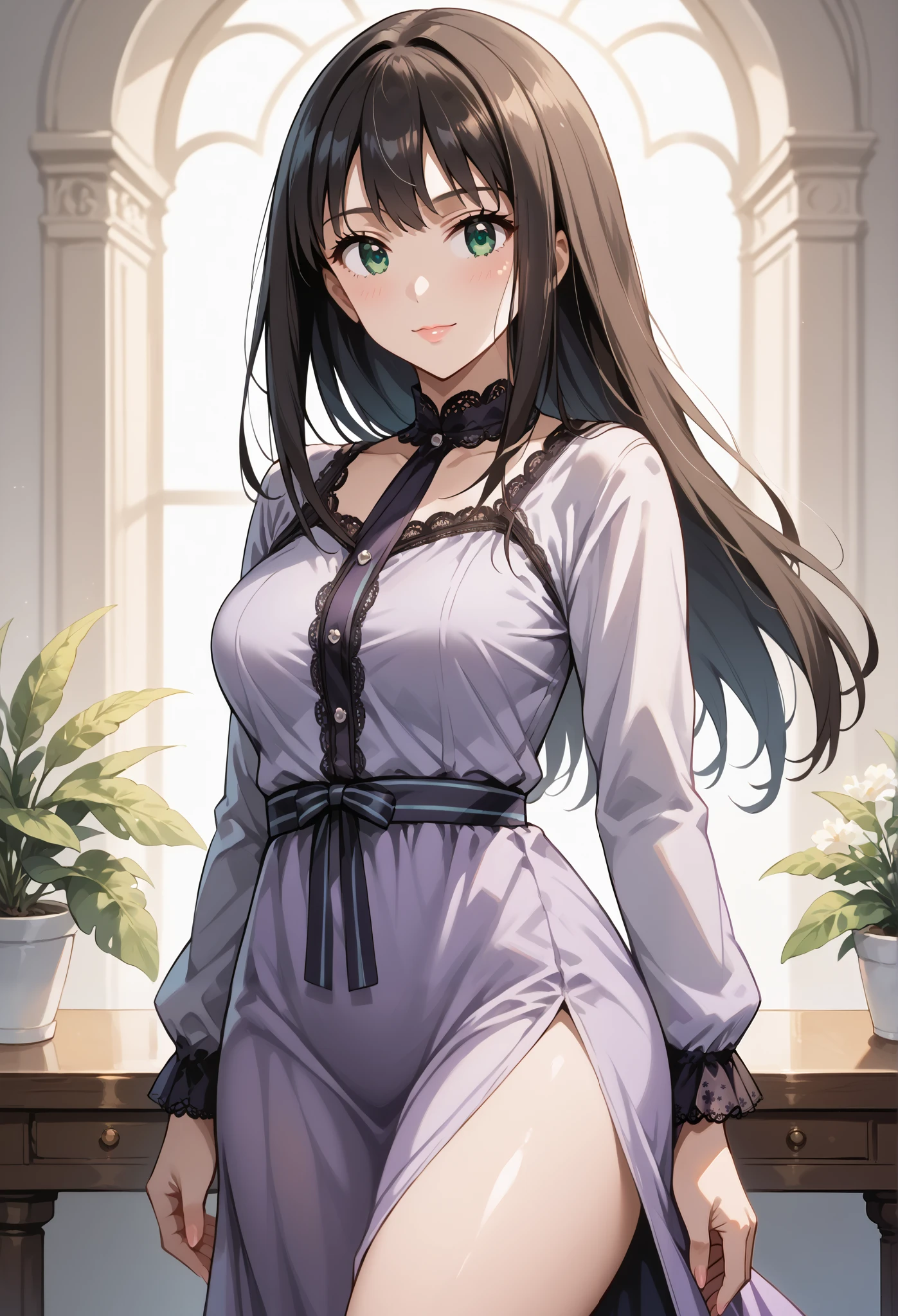 score_9, score_8_up, score_7_up, source_anime, 4K,perfect fingers,(perfect hands, perfect anatomy),prefect lighting, very aesthetic, intricate details,highly detailed background, masterpiece, high quality, best quality,
1girls,solo, rinshibuya, rin shibuya, black hair, green eyes, long hair, large breasts, mature female,
wearing ((short, sheer, purple dress with black lace trim, )),,
Standing,
