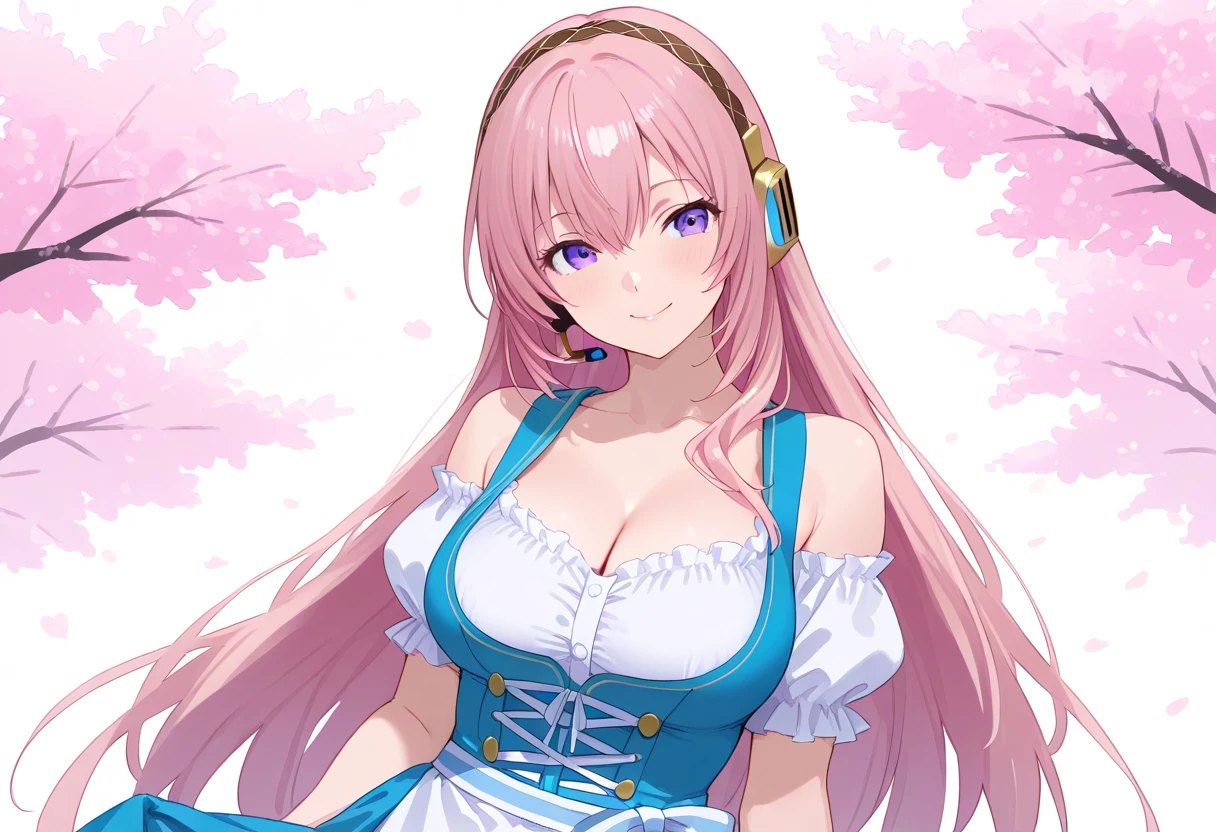1 girl, game CG, transparent white clothes, cleavage visible, shoulder visible, transparent white short skirt, small white beret, jewel pendant, gigantic breasts, pink hair, long hair, straight hair, princess hairstyle, ahoge, pink eyes, smile, get wet, splash, river, sit,