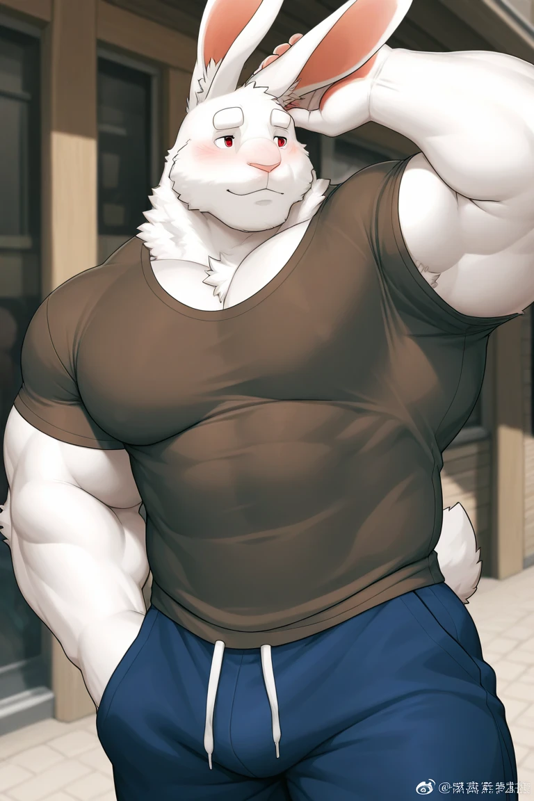 ((best quality)), ((masterpiece)), (detailed), perfect face, bara furry, ((fat pecs, ((((massive pecs, bulging pecs, saggy pecs, pecs are bigger than natural, boob pecs)))))), rabbit man, big body, ((white skin)), short quiff red hair, red eyes, perfect eyes, long rabbit ears, handsome, at home, shirtless, skin tight shorts, (((thick thighs, (big ass)), fat ass)), easygoing, love handles, bulge