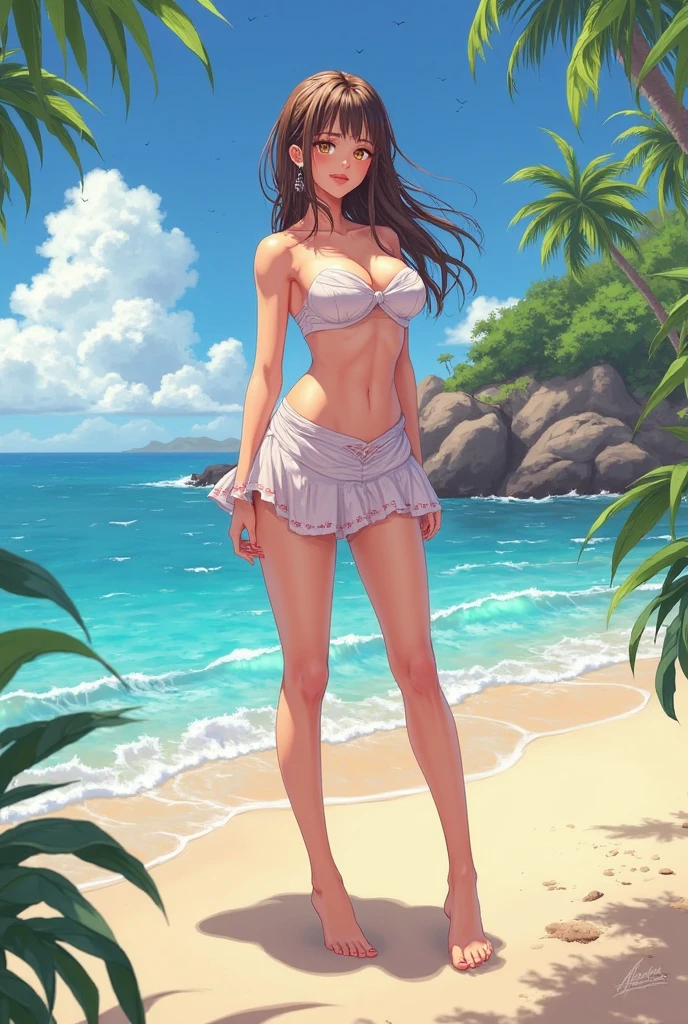 Masterpiece, Best Quality, (Very Detailed CG Unified 8k Wallpaper, Masterpiece, Best Quality, Ultra Detailed, Best Shadows), (Beautiful Detailed Face, Beautiful Detailed Eyes), High Contrast, (Best Lighting, Very Delicate Beautiful), (Girl:1.2), ((Mean, Sexy, Glamorous, Seductive)), Extreme Quality, Brunette Hair, Bikini, Swimsuit, Kneeling, Arms Behind Back, Summer Dress, Colored Hair, Bright, Colorful, Outdoor, Full Body,