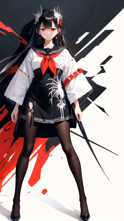 1girll, Erotic face, ssmile, Black color hair,fox ear, Black over-the-knee stockings,A katana hangs from his waist,Princess cut hairstyle,The color is bright,Low ponytail,pony tails,standing on your feet,Bigchest,blood splattere,Paint splashes,,Standing painting,Original art design,a sailor suit