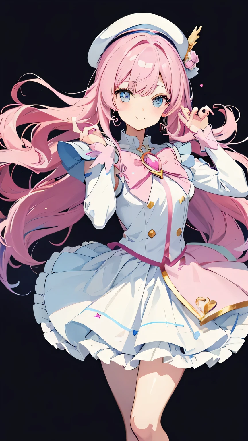 Magical Girl，Grown-up girl，anime，pink，pastel color，pale，Beautiful jewel，skirt，hairpin，smile，makeup，Light Blue Eyes，paints，colorful， Palette，beret，Big brush ，white background，Painting，determined pose，high quality of wavy lines