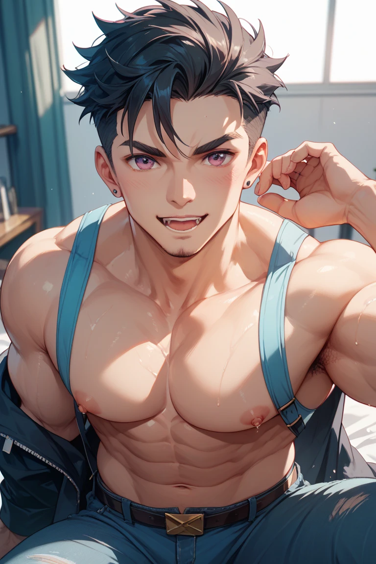 (masterpiece best quality 8k ultra-detailed:1.5) ultra realistic, solo standing male, muscular handsome (((perfect face,perfect eyes))) (topless) ((short hair)), anime style, illustration, (''underwear, big bulge''), realistic shade, sharp, detailed beautiful face and eyes, perfect beautiful body, perfect hands, (dynamic pose), shiny skin