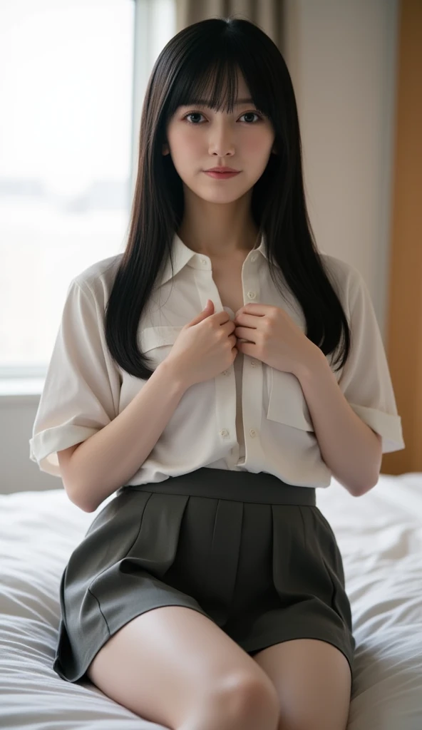 ((Highest quality, 8k, masterpiece: 1.3、Full Body Shot、Spread your legs、No pants、Very good、barefoot)), sharp: 1.2, Perfect Body Beauty: 1.4, Slim Abs: 1.2, ((Leaning forward: 1.2、Nipple erection:1.3)), (Open shirts are see-through: 1.6), Close your face: 1.5, (((Highly detailed face and skin texture, Beautiful Eyes, double eyelid))), Side view of the camera