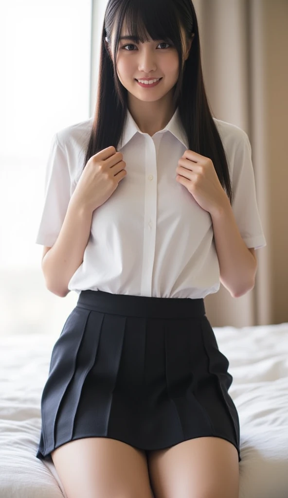 Unbelievably beautiful girl, amazingly beautiful big black eyes, (have a vaginal sex , Please insert penis into your pussy:1.2), Please lift up your skirt and insert it:1.2, 13 years old:1.2, Bun hair, Neat face, a baby face, Happy face, pony Tail, (Best Quality, 8K, master piece :1.3), Lovely smile, emotional, (gleaming skin, Shiny hair:1.4), master piece, Best Quality, (Ultra-detailed),