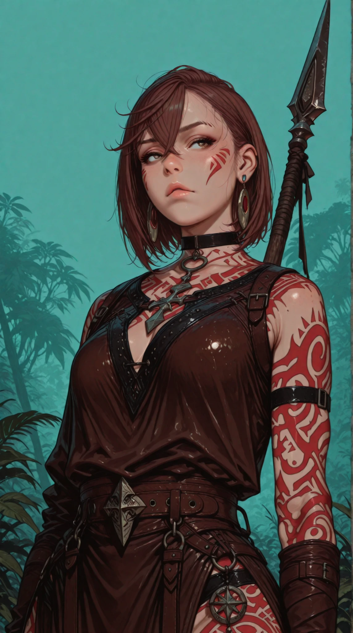 Score_9, score_8_up, score_8, score_7_up, expressiveh, rating_explicit, source_cartoon, Sinozick_illu,gradient,spot color, momo ayase (dandadan), brown hair, short hair, hair between eyes, asymmetrical bangs, brown eyes, earrings, black choker, (dressed like a tribal warrior) , leather bikini, sightly muscled, spear, hair tribal ornaments masterpiece, jungle in the background, cowboy shot, dark fantasy, intricate, highly detailed, MythAn1m3