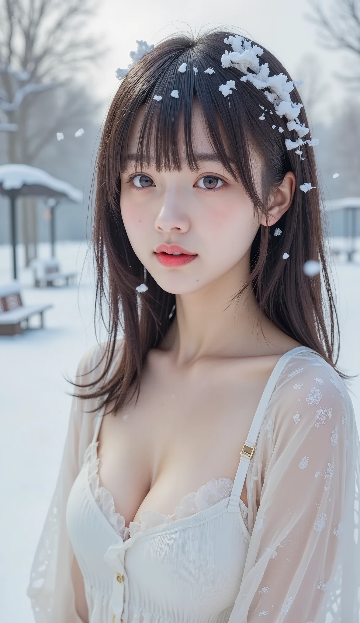 Beautuful Women、sixteen years old 、body shot、snowscape、White kimono、NSFW、nudde、flat breast