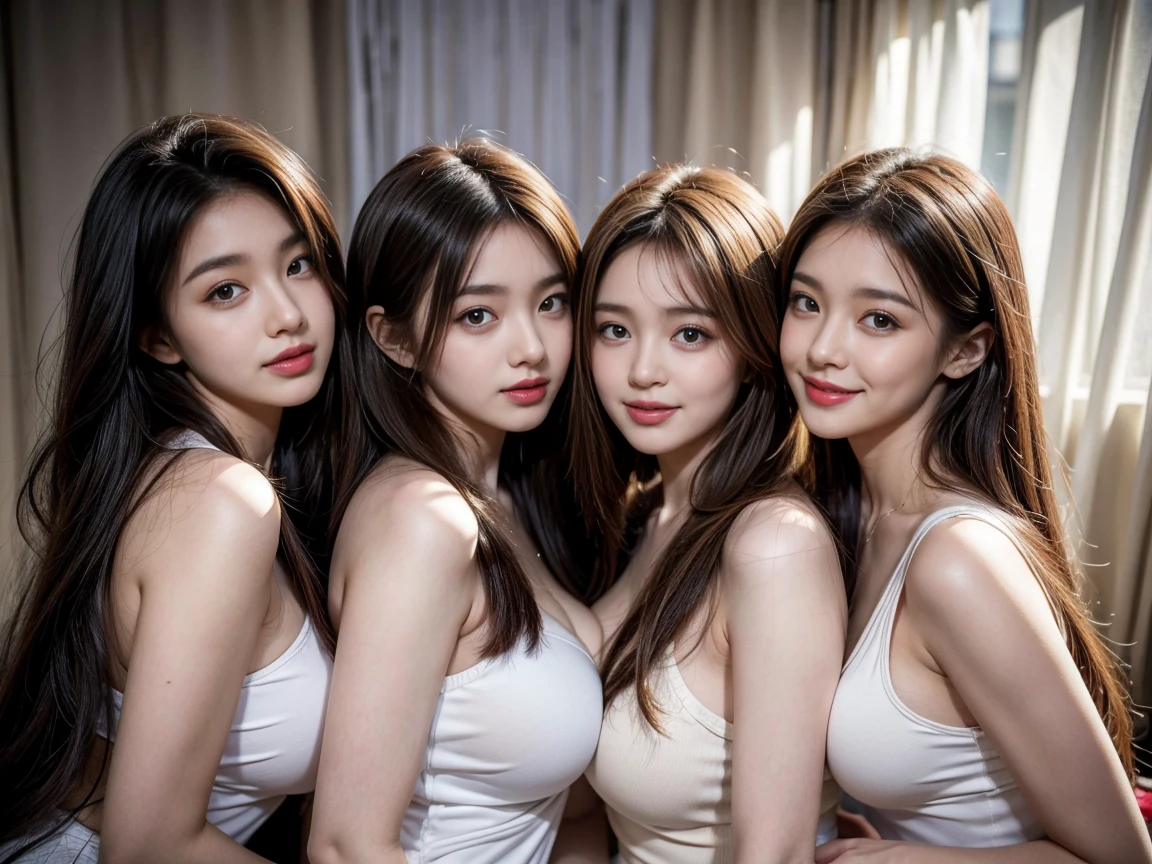 NSFW, ((masterpiece)), ((highest quality)), (Super detailed), (8k), highest quality, (beautiful), hyper cute face, hyper genuineistic, dynamic angle, clear outline, (2girls, cute girls), beautiful light brown hair, beautiful brown eyes, ((beautiful eyes)), various hair styles, ((Small natural breasts)), pop idols, ((different faces)), individual bodies, slim bodies, sexy poses, happy sweet expression, 20 yrs old, detailed fingers, detailed faces, ((Petite Breasts), group photo, full-body camera, full-nude, bedroom, un-blur