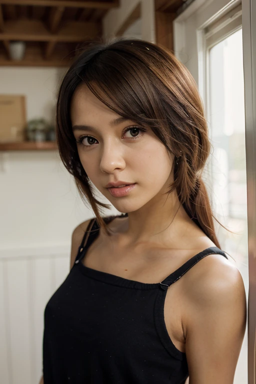 12k, top quality, ultra high resolution, (photorealistic: 1.4), close-up, 22 years old, twin sisters, same beautiful features, photo studio, white horizont, hug, (tank top, shorts: 1.4), (ulzzang-6500: 1.0), black hair, bangs, hairstyle that goes up to the same shoulders, (perfect body: 1.35), (professional lighting, bokeh)