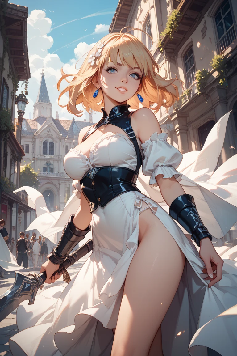 Masterpiece, Maximize highest quality:1.5, Maximum hyper beautiful and hyper realistic 3D digital illustrations:1.5, Hyper high power resolution, UHD, 16K, 1080p, Ultra hyper clear details, Smooth, soft and clearly and hyper realistic skin texture and hair texture:1.5, Hyper beautiful detailed eyes texture:1.5, Amazing dynamic movement:1.5, Beautiful backgrounds with depth of field, Hyper beautiful natural light, Rule of thirds, Maximize every effect and present it in the ultimate quality, 1woman, sexy, cool beauty, 25years old, beautiful face sharp, elegant mature woman, Ultimate perfect body style, beautiful big breasts, upturned breasts, beautiful green eyes, shiny blonde hair, short hair, Shag cut, (eyes visible through hair:1.3), glossy very thick lips, pink lipstick, smile:1.5, Wild maid outfit, dynamic pose, short leather skirt with lace trim, corset with metal studs, high boots with buckles, fingerless gloves, wild hairstyle, luxurious mansion parlor background,