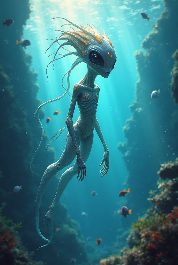 walk, Hands and feet, Big eyes, Water Spirit，translucent，adorable, (((Human-like translucent alien creatures))), Light, Cyan Light,, Ocean, Underwater plants,Colorful，Lighting effects