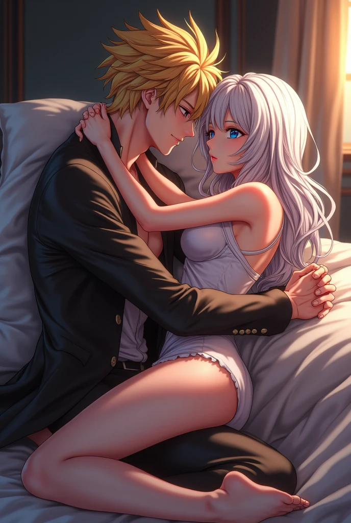 A very cute goth femboy boy with his strong blond boyfriend, they are very much in love with each other, The two spend a lot of time together and like to cuddle all the time., they are both approximately 2, the femboy boy is very much in love, Image made with anime lines