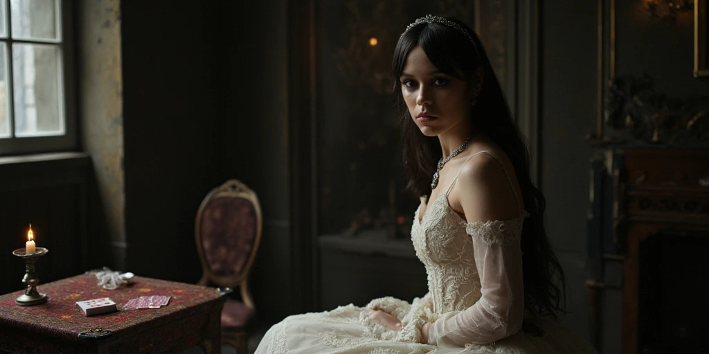 A zombie bride with pale skin, red eyes and rotten teeth, wearing a white dress ripped and stained with blood, in front of a macabre altar decorated with skulls, candles and satanic symbols. Her hair is long and white, but tangled and full of insects. She has her eyes closed and hands together, as if she were praying, but has a malicious smile on her face. The image has a style of mail art, fantasy, fairy tale, black colors, saint praying, POV from the front, perfect beauty, light from above, detailed face, big bust, elegant dress, long-cream hairstyle, mysterious, calm expression, dynamic pose, light on face, shadow play, perfect face, sharp glowing eyes, by James Jean, Craola, Andy Kehoe, Dorian Vallejo, Damian Lechoszest, Todd Lockwood, patchwork, stained glass, storybook illustration, highly detailed unusual beautiful details, intricate, pose, tiny details, masterpiece, high quality, dedicated lighting, luminism, 16k RAW, HDR, Award Winning Work, Watercolor, trending on artstation, sharp focus, studio photo, intricate details, highly detailed, by greg rutkowski.