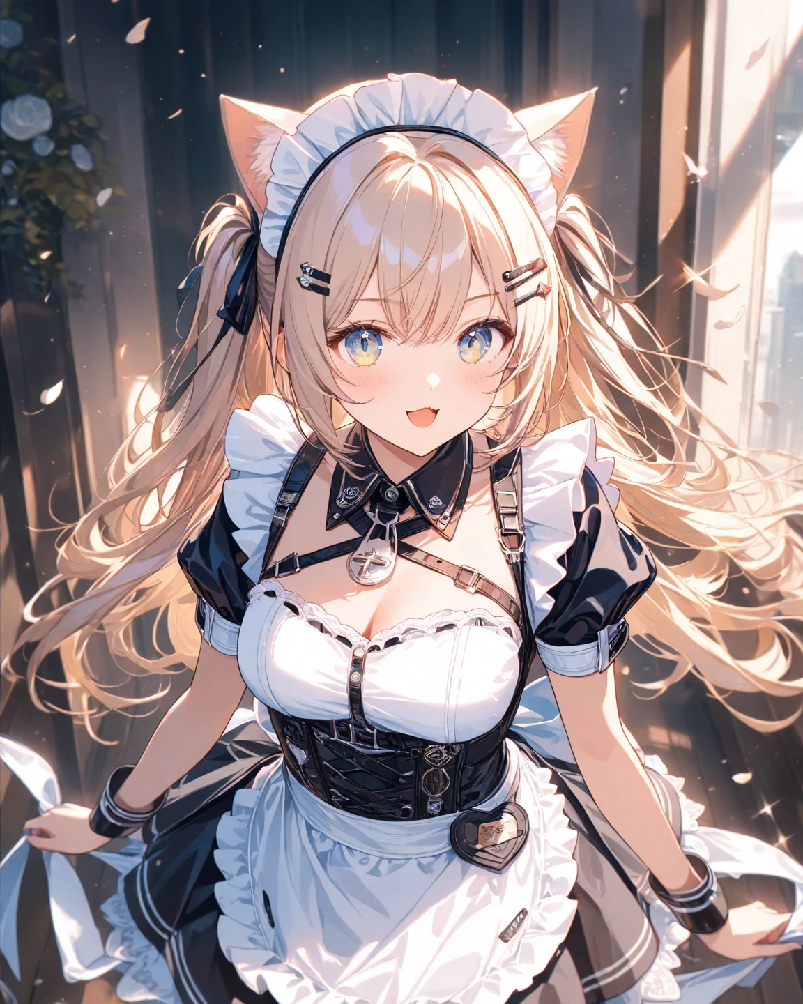 High resolution, Exposed breasts, bangs, Blonde, Brown Hair, ponytail, Cat ear, Maid Head Accessories, Dutch Angle, Anatomically correct, Highest quality, High resolution, masterpiece, accurate, High detail, Ultra high definition, Bangs, smile, Character portrait, Setting diagram, Sportswear, Mecha Armament,