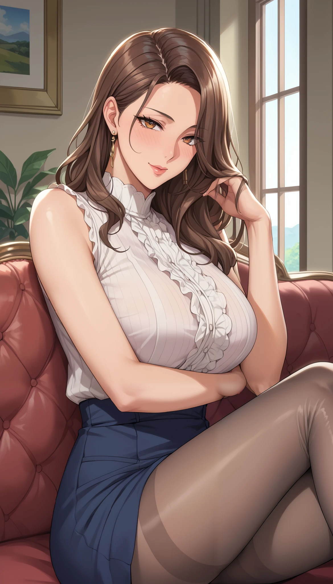   Girl seen from the side  , Vol sidewaystuous women, Older,  Big Breasts,  mature woman,  of motherhood,   wide waist ,    score_9,  score_8_  sideways,  score_7_  sideways,  score_6_  sideways,   source_anime,   beautiful face,  expressive eyes, detailed eyes panty pants on pantyhose  ,  alone, close-  sideways,   sitting , Sofa,  indoor,  Scenery,   dramatic lighting, anime screencap,   Enchanting Smiles