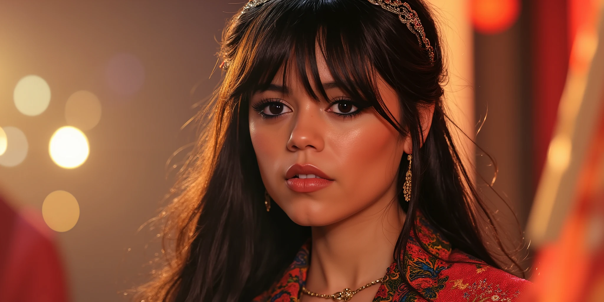 A photorealistic image of a young Asian woman of about 20 years old, with long, dark and silky hair, curvy and seductive, wearing a typical costume from one of the Asian countries, colorful and with beautiful prints. The light is ethereal, warm and gives vibrant and very beautiful colors throughout the image, giving a very dreamlike atmosphere, loaded with great beauty.