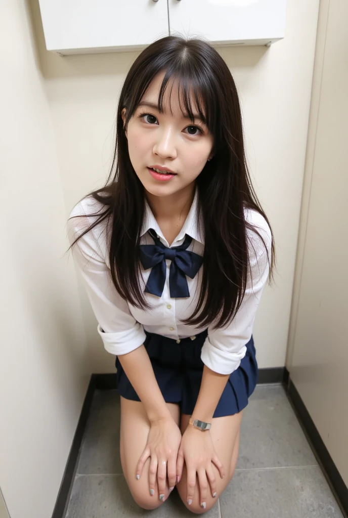 masterpiece, best quality, illustration, Super detailed, fine details, High resolution, 8K,wall paper, perfect dynamic composition,(Details High quality, realistic depiction of eyes:1.3),  (urinal)、(white school shirt :1.2), (plaid skirt :1.3), large breasts, expresses the roundness and softness of your chest, Don't expose it、Disturbed uniform, black hair color, Big Natural Color Lip, perfect body shape, crying a little、Harajuku style、20 year old girl、cute type, beautiful legs, Gravure Idol,((はち切れんばかりの胸))