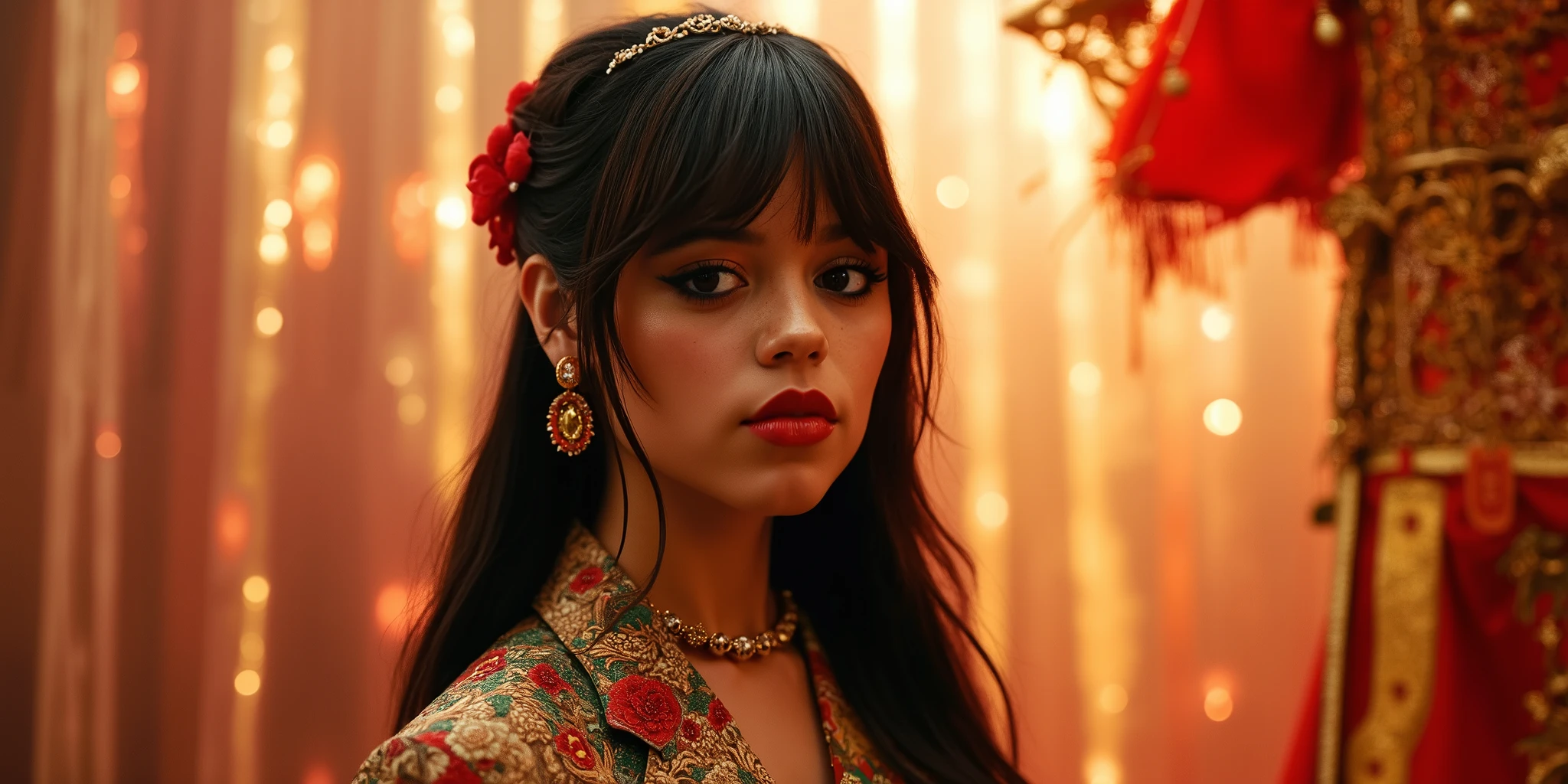 A photorealistic image of a young European woman of about 20 years old, with long, dark and silky hair, curvy and seductive, wearing a typical costume from one of the Asian countries, colorful and with beautiful prints. The light is ethereal, warm and gives vibrant and very beautiful colors throughout the image, giving a very dreamlike atmosphere, loaded with great beauty.