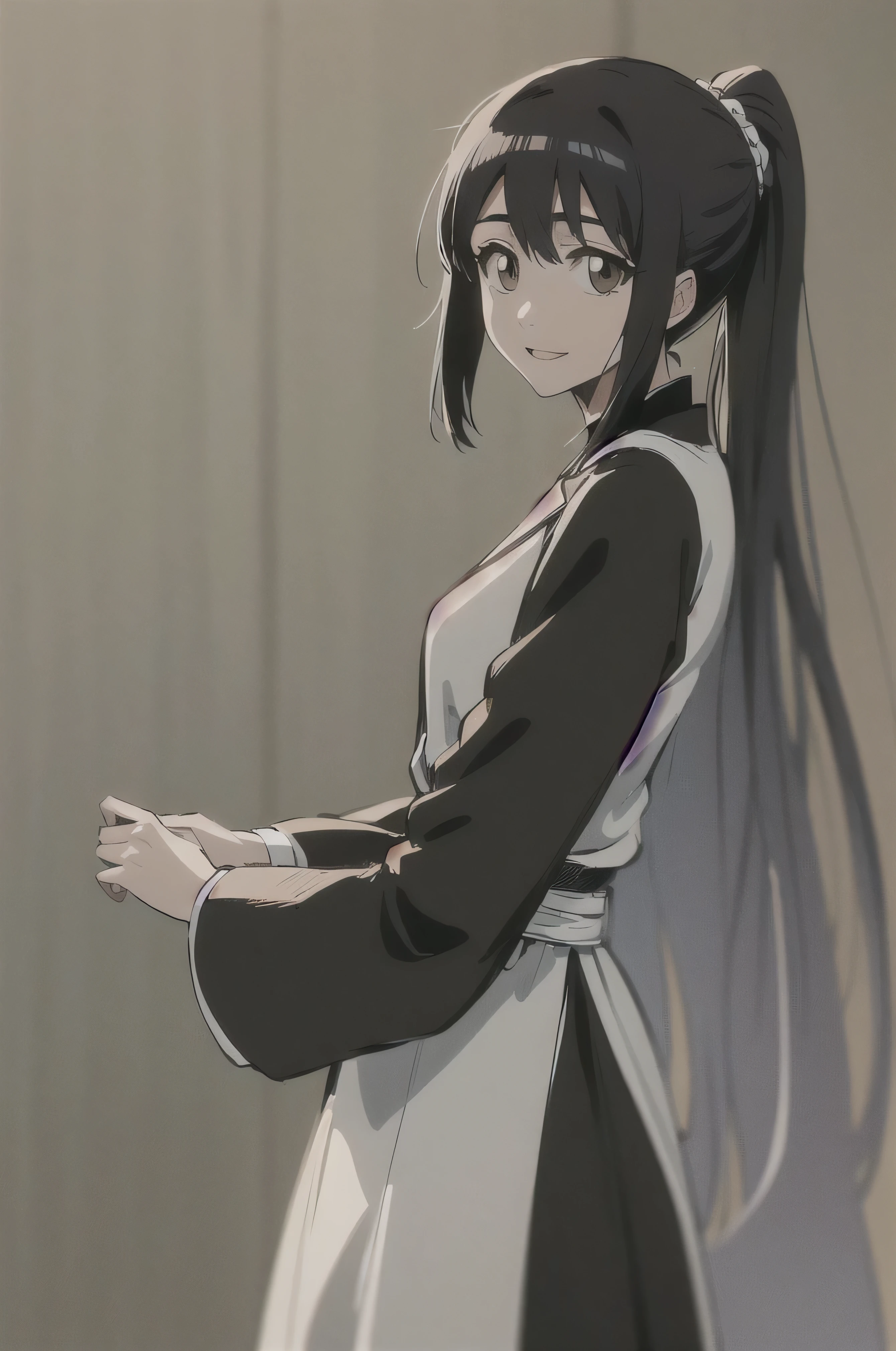 Masterpiece, top quality ,
one girl from the side , romantic love , black hair, single , ponytail, Vancouver, brown eyes,
Hair bangs,
kimono, white sleeveless coat , black kimono ,
smile, alone, I'm looking for , simple background, White background