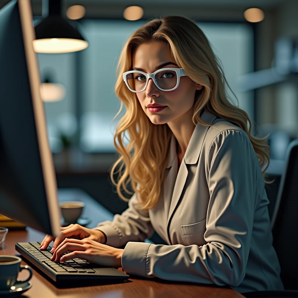 Create an image of a young woman resembling Andy Allo, working as a customer service representative in a futuristic setting. She has medium-length, curly hair with a golden brown hue and a warm skin tone. She is wearing a casual yet professional outfit, like a fitted jacket over a simple blouse. The setting around her is a high-tech office space with holographic screens and digital interfaces floating around her. She is seated at a sleek desk with a headset on, and her expression is focused yet approachable, capturing the charm and elegance similar to Andy Allo. The background features large windows showing a cityscape with tall buildings and a bright, clear sky.