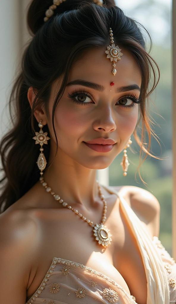 (((desi girl))), chubby face, natural skin, wearing hot deep neck khamir salwar and dupatta, charming black hair, Badi Choti ((hair ends are blonde)) Khet Mein Bada gana Khet background, bokeh