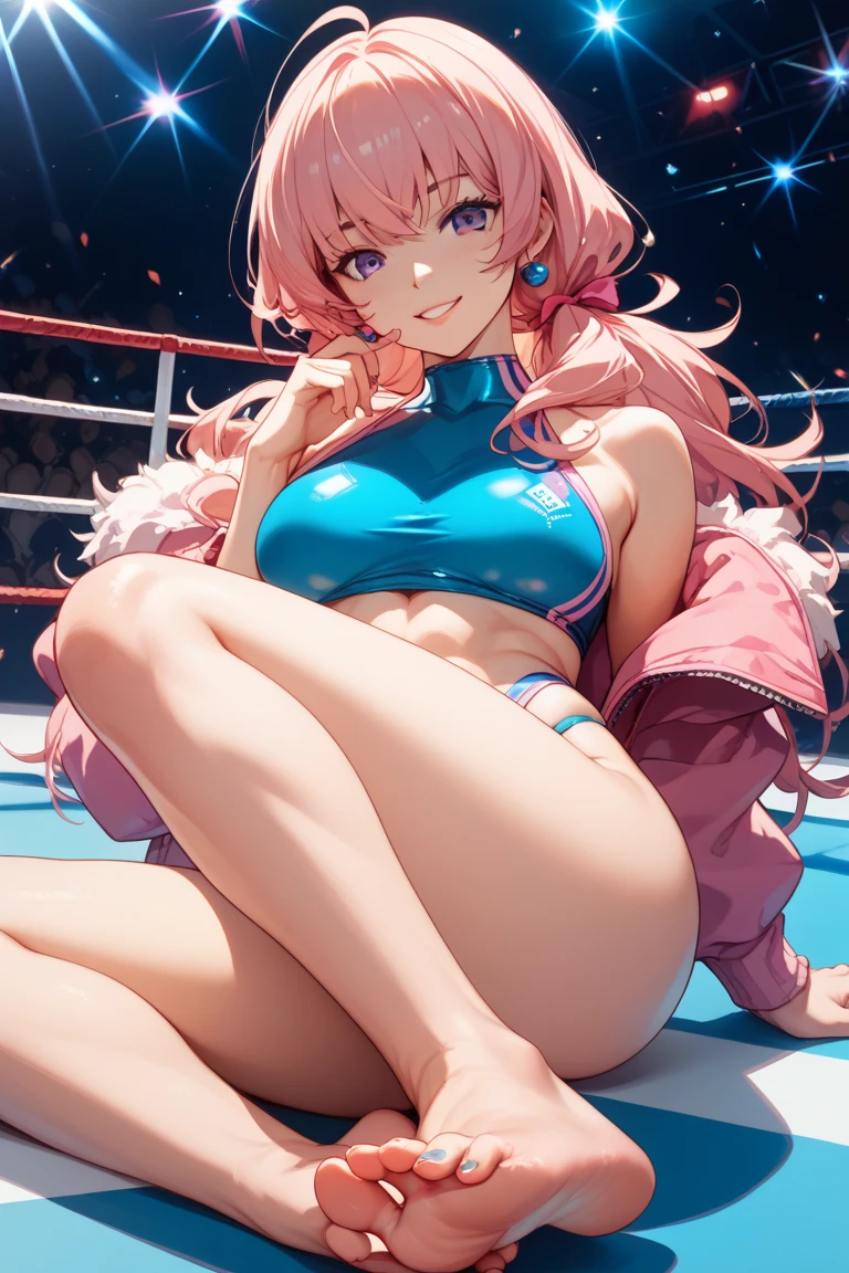 Female Boxers、Pink hair、Cornrow Hair、sexy lip、Fancy makeup、Sportsbra、((half eyes))、Mouth open、White Boxing Gloves、((Lying on the ring))、Sweat and saliva all over the body、((syncope))、knockout、One lady、defeat、Angle of pull、Large down