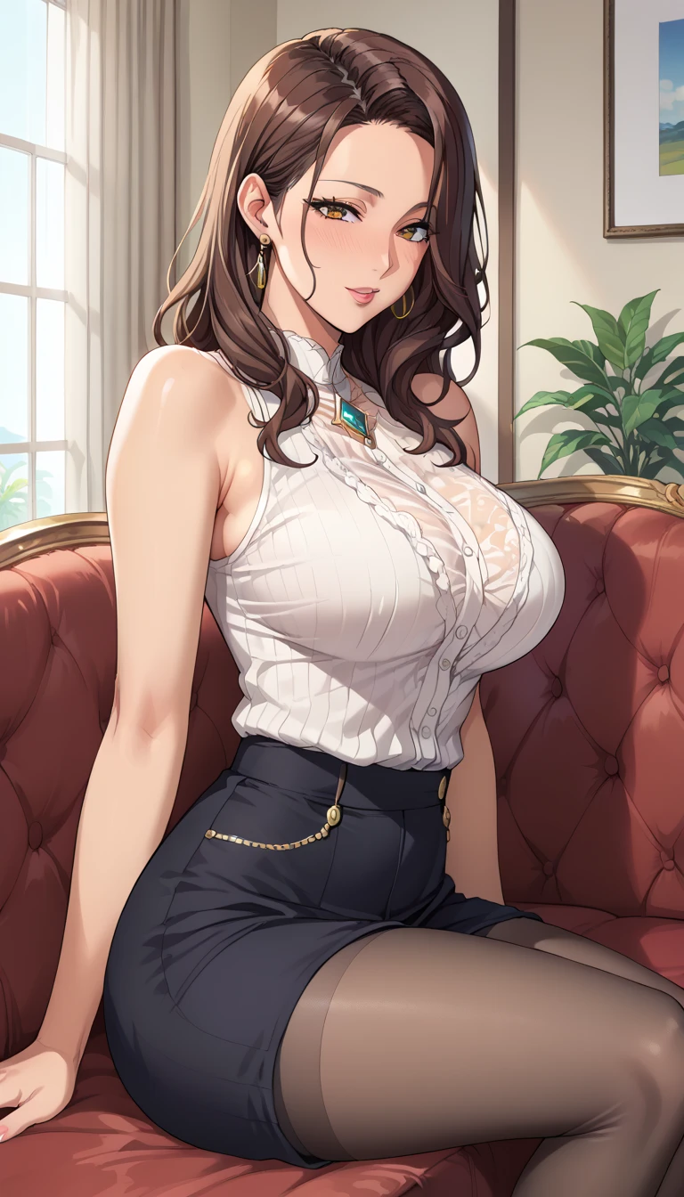 (On the table, best quality, high resolution, , Pixel Perfect, 4K,), 1 girl, single, Solitary, Beautiful woman、I can see the whole body.、 ((Medium-long wavy hair, Bangs, Brown hair)), ((Brown eyes, Beautiful eyelashes, Practical eyes)), ((Delicate face, blush:1.2)), ((Smooth texture:0.75, Practical texture:0.65, Practical:1.1, Anime CG style)), (The breasts are very small), Dynamic Angle, Perfect body, Female teacher, earrings、necklace、Beige off-the-shoulder sweater、Long pleated skirt、Black knee-length stockings、Pink lace、Shy smile, Predominant、put arms together,Highlight the chest、 (((Full and soft breasts,)))(((Huge breasts))) (((Cleavage))),