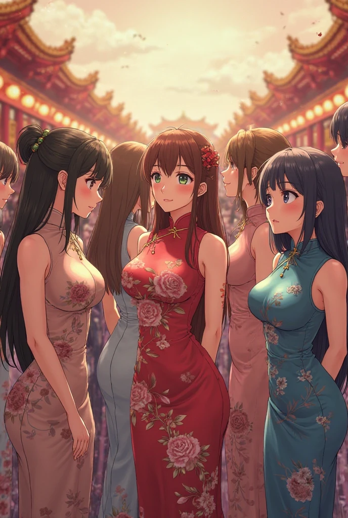 100girls,crowded, long hair, brown hair, curly hair, hazel eyes,chinese dress, sleeveless, sexy, rows of girls, girls standing in formation, only girls, sisters