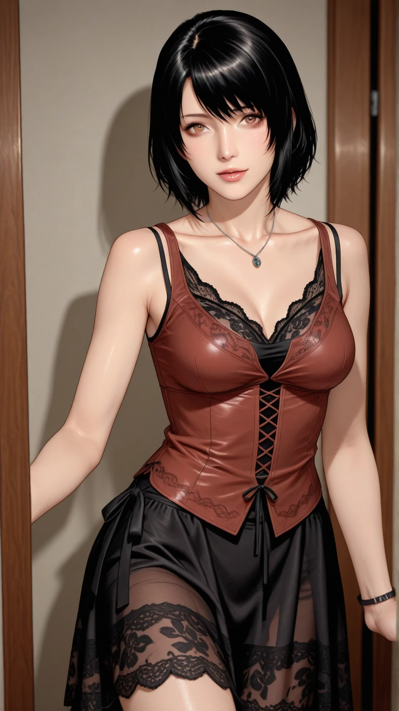 1girl,a beautiful fashion model ,(masterpiece, detailed background, best quality),shortand shiny hair, black hair,smirk,juicy lips,red lips, lingerie, stripping, elegant makeup, exhibitionism, cut off denim shorts