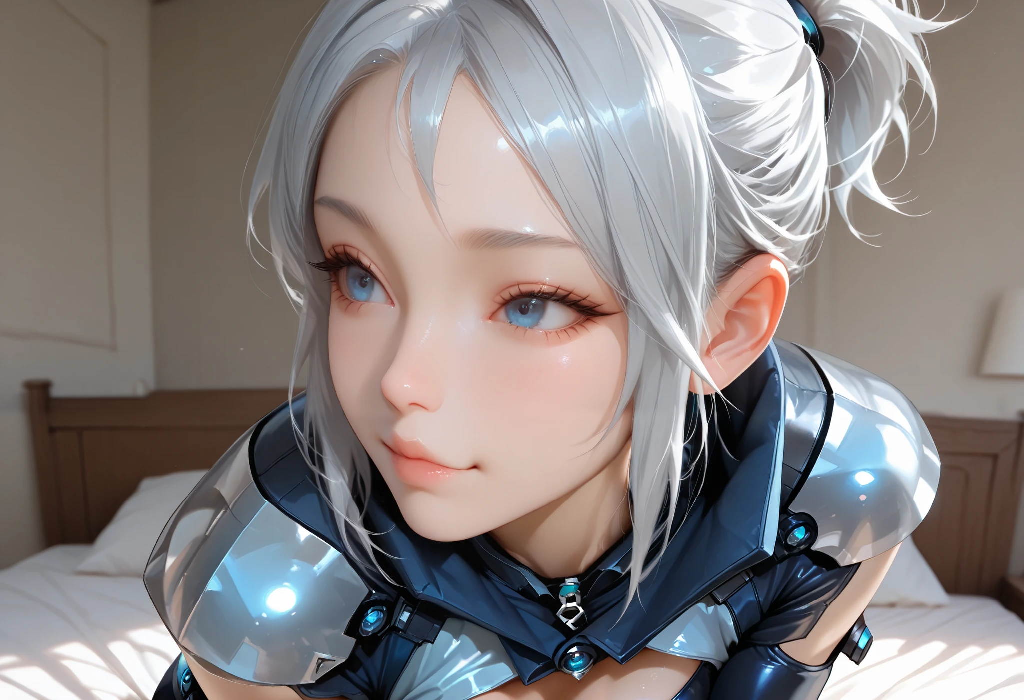 ultra detailed realistic busty jett half body, silver hair, blue eyes, jett suit, background, ray tracing, short ponytail hair, sitting on the bed, cute face, cute pose sexy