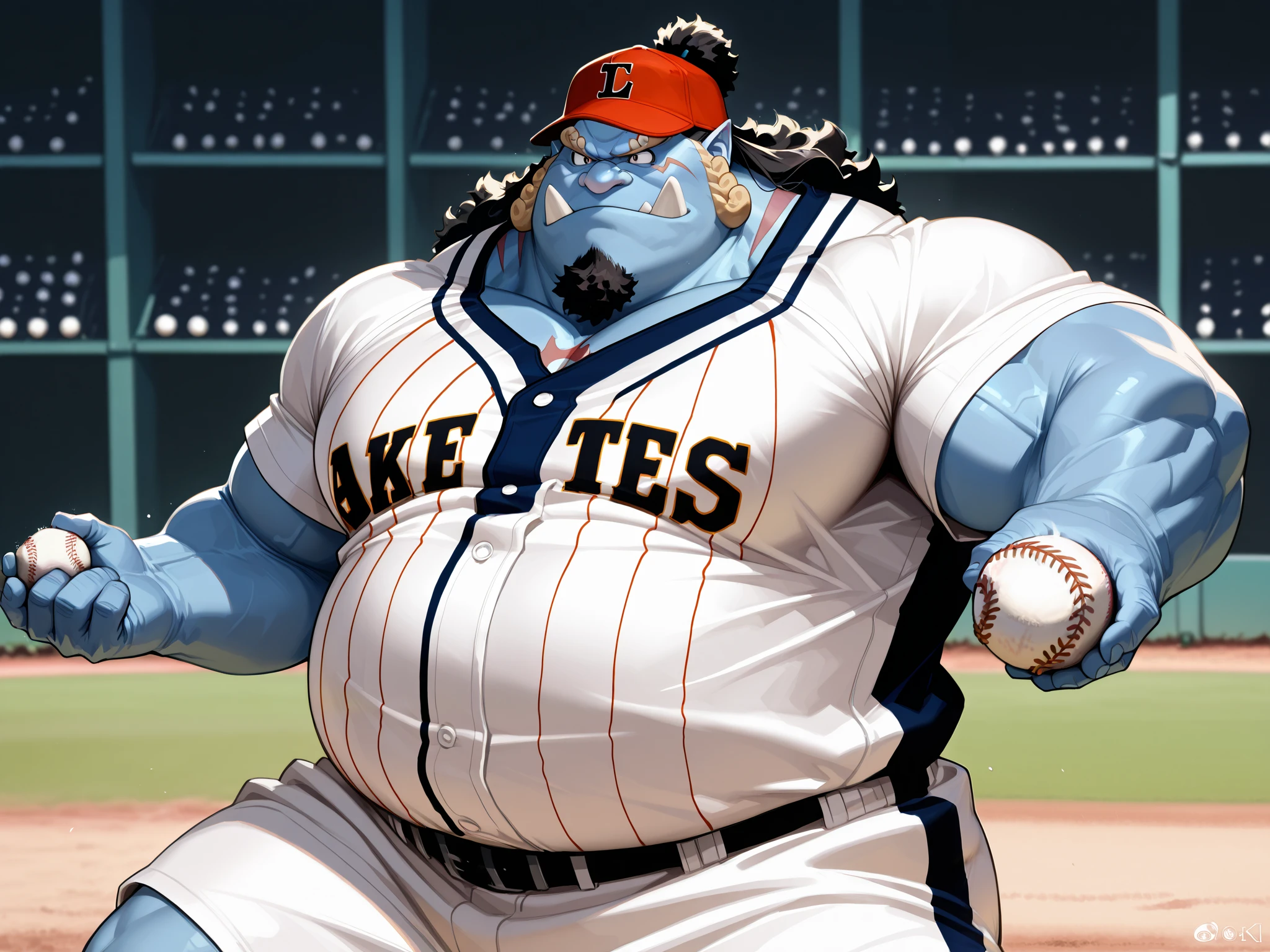 solo, chubby jinbe, big belly, fay, happy, side chest, Stand slightly sideways, side angel, shirtless, very huge pectoral, shorts, t-shirt, baseball, jersey, baseball fields, pitcher, playing baseball, jersey, baseball hat, holding baseball, detailed face:1.3, eyes, wide shoulder, thick arms, wide pectoral, muscle, short hair:1.2, masterpiece, semirealistic:1.2, high detailed, 8k, high resolution
