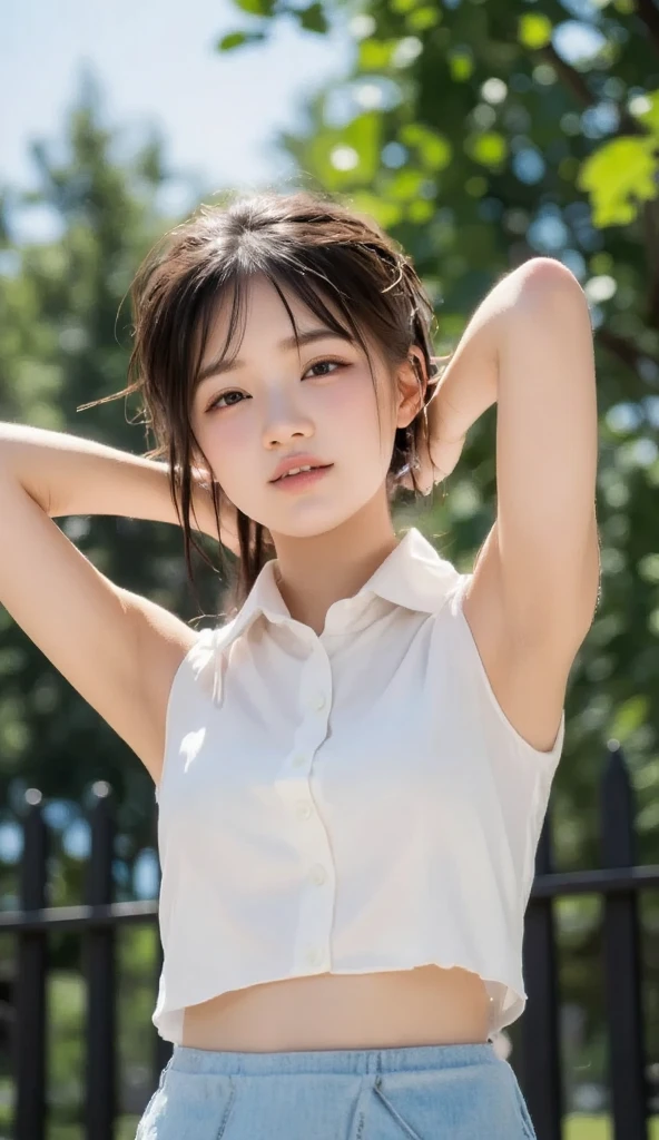 (((A very beautiful 15 year old girl))), ((highest quality)), ((masterpiece)), (realistic), perfect face, ((wearing a long sleeve leotard)), 8K, ultra high resolution, written boundary depth, (Photoreal:1.4), golden ratio, ultra high definition photo, 
(complete limbs), (normal limb), (Please show me your armpits), Sigma 85mmF/1.4, 50mm Lenac lighting, hyper real, Clothes that are too close to the skin, (perfect limbs), beautiful thighs, ((white collar and string tie)), thin eyebrows毛, 
nffsw, RAW photo, Too cute face, 1 Japanese female, modest chest, thin waist, (Please show me your armpits), ((white collar and tie)), beautiful young woman, ((slender body shape)), attractive face, small nose, Sweat, 
Very cute little face, (short hair), wonderfully cute little face, glossy lips, long eyelashes, thin eyebrows, (Wet with cloudy liquid), Ultra-thin clothing, Clothes that are too close to the skin, wet thighs, erect nipples,realistic crotch, 
Gravure photography, 15 year old girl, outdoors in the park, realistic pictures, (((A very cute 15 year old beautiful girl))), Smile bewitchingly, (Please show me your armpits), Swimsuit that looks like a school uniform