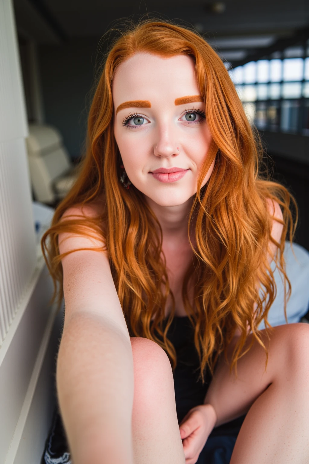 Hyper realistic 23 year old redhead girl of Irish descent with freckles in selfie mode for Instagram dressed Snapchat influencer Full photo at night at bar