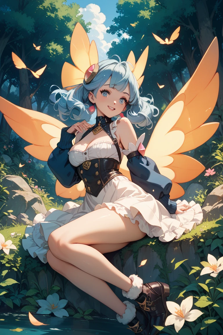She is the queen of butterflies. She has a pair of rainbow colored butterfly wings. She wears a pale blue summer dress. She has a big bust. Her eyes are rainbow colored. She is kind and gentle, but she seems to be very cold and evil. She has 2 long white ponytails.