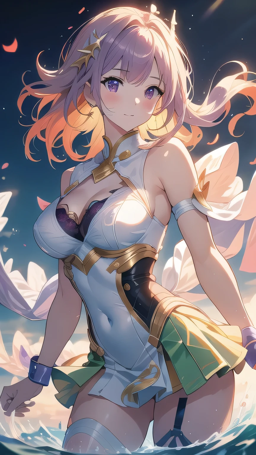 masterpiece,very detailed,最fine wavy line, absurd:2.0,realistic, Uniform 8k Wallpaper, realistic face, realisticな感触 , hair detail , VERY WELL DETAILED,COMPLETELY COMPLETE, attractive face, Big Breastss,curvy hips,Sexy pose with a single hair hanging down, stylish pose1girl, solo,female, age 18, fine wavy line, 最fine wavy line, high resolution, High detail,Bright Light That Emits Bubbles, iridescent aura , tiara, white metallic high-leg armor seen from above with open chest,Super cleavage, Chest decoration, thigh strap, earrings,Big Breasts,curvy hips,slender body, stylish pose,Long Twin-like Hair, gentle smile,araizumi rui , high resolution, gaze breaks, （ Her nipples stand up :1.3）, （bright color:1.3）, （The girl from before yesterday:1.3）, ,( purple eye:1.5)（wind:1.2）、  speed、さわやかなwind、motion blur effect、windbreak 、, wind, 壮大な景色を破breakる,  light particles, , dynamic angle scraping off the seat, Dutch angle, depth of field with a sense of perspective, Bokeh, Light Leak, （ color difference：1. 2) break　green skirt　 orange hair 　red eyes　Phoenix aura　Green Accessories　Green glow　Phoenix flame