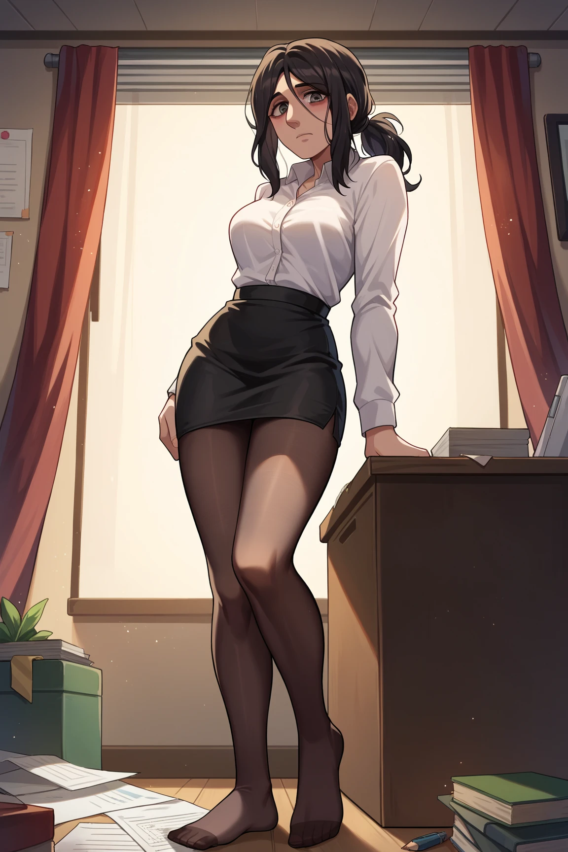 cabelos preto e longos，Black color hair，（best qualtiy，8K，tmasterpiece），(Stand inside the office，Holding a cell phone in his hand，Capture，），(A pretty maiden，having fun，cabelos preto e longos，Long messy hair，curlies，Huge eyes:1.3，Long eyelashes，Delicate makeup:1.4，Sexy lips，Blushlush)，(Exquisite watches，Reflective necklace，Bulgari's earrings，Bulgari's ring)，(Stand inside the office，Holding a cell phone in his hand，Capture，），（Fashionable outfits，dressed in a white t-shirt），（middle  breasts，endure），(Black oily transparent pantyhose），（Black hip skirt），Light ripe，Royal Sister，Best light，Best shadow，电影灯光，28 years old，1girll，Need，（realskin，Supple skin）Ray traching，Unreal Engine 5，Reflective skin，Digital illustration，Game CG characters，super model，（kpop,heartthrob），(Body edge lighting，Colored light sources are around)，There is wind blowing hair，