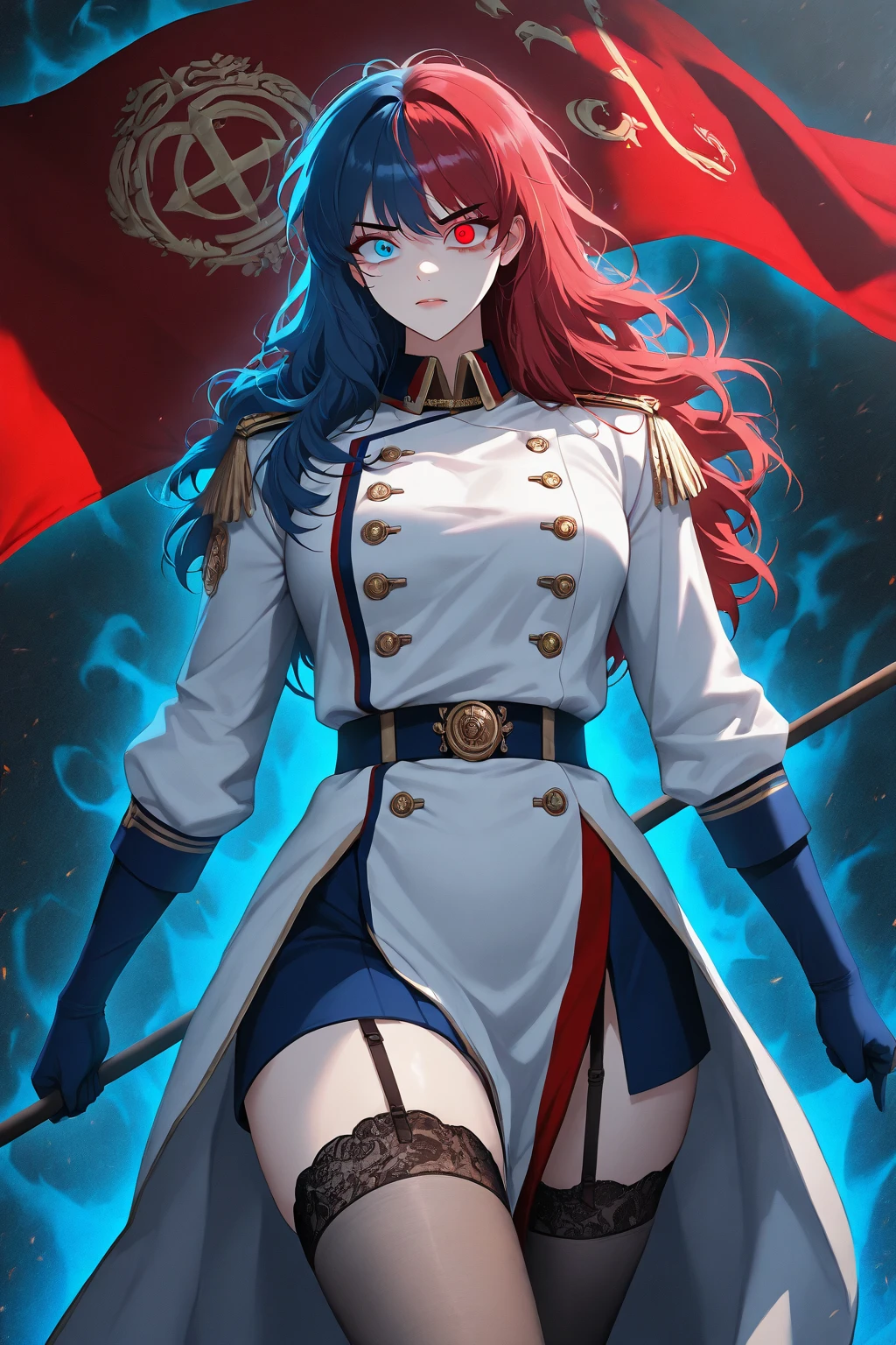 (((extremely detailed, promotional art, official art, abstract background)))(masterpiece, best quality, high resolution),soft lighting, 1girl, tsubakims, hair tubes, hat, gloves, uniform, cape, military uniform, head wings, zettai ryouiki, blazblue, Tsubaki yayoi